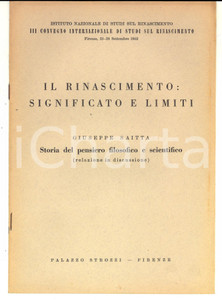 Libro, pubblicazione d epoca 1952 FIRENZE Giuseppe SAITTA Il Rinascimento: significato e limiti 14 pp. 1