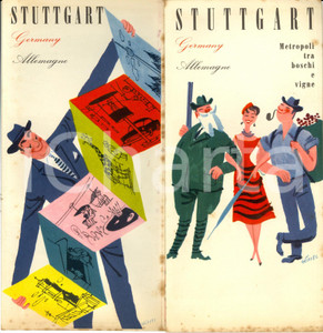 Materiale pubblicitario d’epoca 1955 ca STUTTGART D Metropoli tra boschi e vigne Mappa della città ILLUSTRATA 1