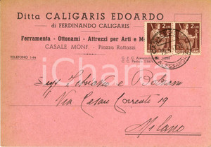 Cartolina originale da collezione 1947 CASALE MONFERRATO AL Ditta CALIGARIS EDOARDO  Ferramenta e ottonami VG 1