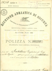 Documento originale, autentico 1904 MANTOVA Riunione Adriatica di Sicurtà  Polizza di Guglielmo CASTELLANI 1