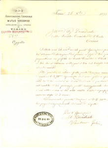 Manoscritto, lettera originale 1895 TORINO Festa e premiazione ASSOCIAZIONE DI MUTUO SOCCORSO degli operai 1