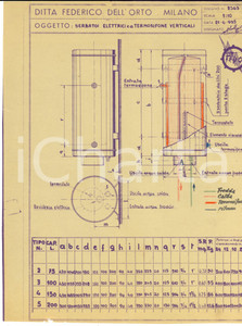 Stampa, bozzetto originale 1935 MILANO Federico DELL ORTO Serbatoi a termosifone Disegno tecnico 1