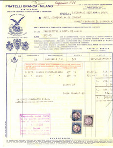 Documento originale, autentico 1938 MILANO Fratelli BRANCA società  anonima distillerie Fattura intestata 1