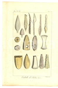Stampa, bozzetto originale 1829 ANTICHI GERMANI Coltelli di pietra Incisione VERICO 1
