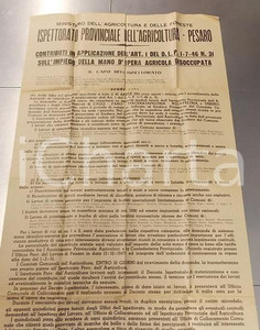 Documento originale, autentico 1954 PESARO Contributi per impiego mano d opera agricola disoccupata Manifesto 1