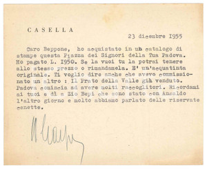 Autografo originale 1955 NAPOLI Biglietto Gaspare CASELLA per acquisto di acquatinta  Autografo 1
