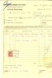 Documento originale, autentico 1926 UDINE Federazione Agricola del Friuli  Ufficio macchine Fattura intestata 1
