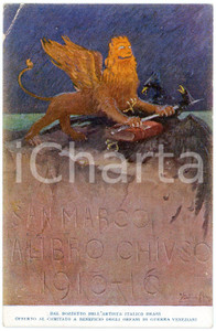 1916 VENEZIA Artista Italico BRASS San Marco a libro chiuso - Cartolina FP VG  Cartolina postale d'epoca, non viaggiata.Realizzata a favore del Comitato Pro Orfani di Guerra Veneziani.CONDIZIONI: FAIR (piegature all'angolo superiore sinistro)FORMATO: FP    originale e autentica 1