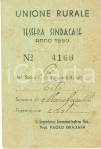 Oggetto da collezione cartaceo 1950 MOMBERCELLI AT Tessera Unione Rurale 1