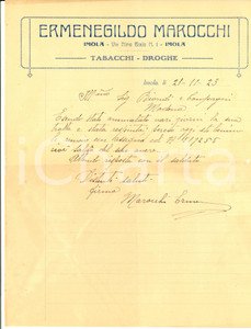 Documento originale, autentico 1923 IMOLA BO Lettera Ermenegildo MAROCCHI Tabacchi e droghe Intestata 1