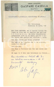 Autografo originale 1957 NAPOLI CALASCIONE Lettera editore Gaspare CASELLA a un amico  Autografo 1