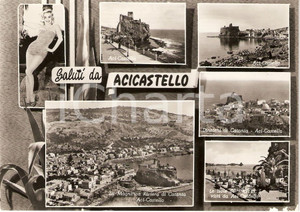 Cartolina originale da collezione 1958 ACI CASTELLO (CT) Vedutine con PIN-UP Isole dei Ciclopi *Cartolina FG VG 1