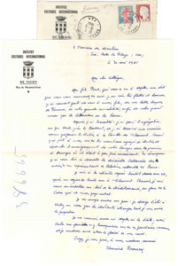 1961 VICHY Institut Culturel International - Lettre Toussaint RENUCCI *AUTOGRAPH Lettera autografa dello studioso, che ripercorre brevemente la sua carriera per un collega.Carta intestata e busta viaggiata.PAGINE: 1 FAIR/discreto piegature d'epoca  originale e autentica 1