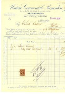 Documento originale, autentico 1936 ALESSANDRIA Unione Commerciale Piemontese BADARACCO & GANDOLFO Fattura 1