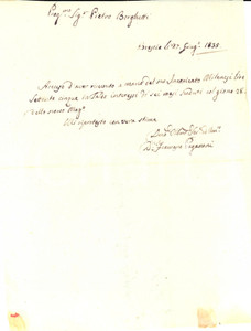Manoscritto, lettera originale 1835 BRESCIA Don Francesco PAGANONI riceve interessi su capitale *Documento 1