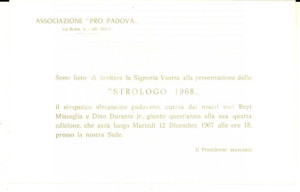 Oggetto da collezione cartaceo 1967 Associazione PRO PADOVA Invito presentazione STROLOGO 1968  Biglietto 1