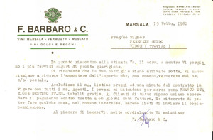 Manoscritto, lettera originale 1960 MARSALA TP F. BARBARO & C vini marsala e vermouth Lettera commerciale 1