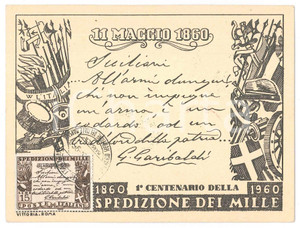 Cartolina originale da collezione 1960 POSTE ITALIANE 1Â° Centenario Spedizione dei Mille  Cartolina FDC 1