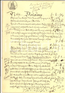 Documento originale, autentico 1904 VICOBELLIGNANO Divisione ereditaria per beni defunto Raffaele BELLINI 1
