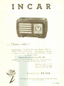 Materiale pubblicitario d’epoca 1950 ca VERCELLI Industria Nazionale Apparecchi Radio INCAR Volantino ILLUSTRATO 1