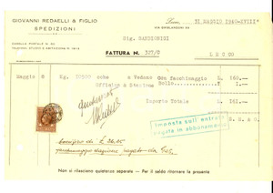 Documento originale, autentico 1940 LECCO Giovanni REDAELLI & Figlio  Spedizioni Fattura per trasporto 1