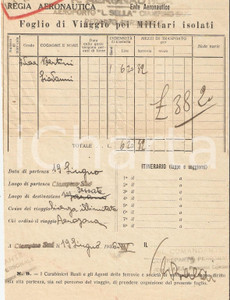Documento originale, autentico 1936 REGIA AERONAUTICA CIAMPINO Foglio di viaggio aviere Giovanni BERTINI 1