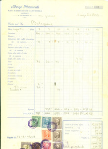 Documento originale, autentico 1943 SAN MARTINO DI CASTROZZA TN Albergo MIRAMONTI Conto del ristorante 1