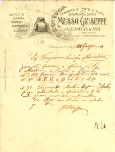Documento originale, autentico 1904 VILLANOVA D ASTI Giuseppe MUSSO ordina fusti di vermouth MARTINI & ROSSI 1