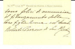 Oggetto da collezione cartaceo 1926 TORINO Biglietto marchesi THAON DI REVEL per fidanzamento figlia AUTOGRAFO 1