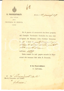 Documento originale, autentico 1877 ERBUSCO BS Premio economico a Carlo LUSSIGNOLI maestro elementare 1