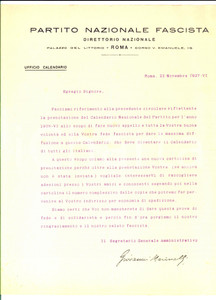 Documento originale, autentico 1927 ROMA PNF Vendita del calendario del Partito *Documento PROPAGANDA 1