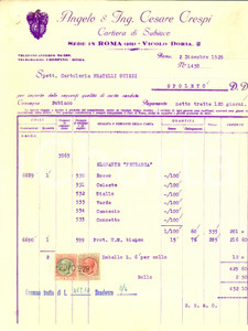 Documento originale, autentico 1929 ROMA Ditta Angelo & Cesare CRESPI Cartiera SUBIACO Fattura commerciale 1