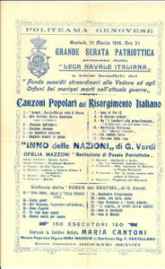 Documento originale, autentico 1916 GENOVA LEGA NAVALE ITALIANA Serata patriottica per orfani guerra Manifesto 1