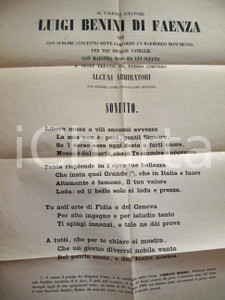 Documento originale, autentico 1870 FAENZA Sonetto in onore dello scultore Luigi BENINI Manifesto 40 x 60 1