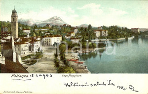 Cartolina originale da collezione 1903 VERBANIA PALLANZA Lago MAGGIORE Lungolago con barche in secca *ANIMATA VG 1