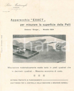 1924 VARESE Silvio MARTINENGHI Apparecchio Exact misuratore di pelli Pubblicità Pubblicit&agrave; d'epoca, illustrata.CONDIZIONI: FAIR (piegature d'epoca, lievi piegature agli angoli)FORMATO: 21x26 cm    originale e autentica 1