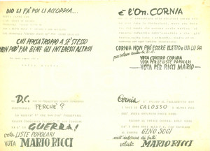 Materiale pubblicitario d’epoca 1951 PAVULLO NEL FRIGNANO MO Elezioni Mario RICCI partigiano vs Italo CORNIA DC 1