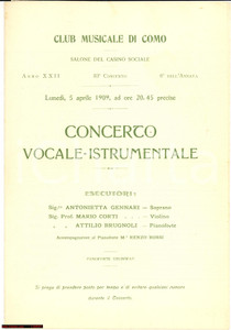 Materiale pubblicitario d’epoca 1909 COMO Club Musicale Concerto maestro Renzo BOSSI 1