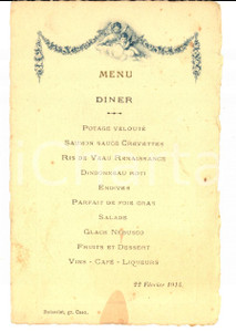 Oggetto da collezione cartaceo 1914 CAEN (F) Menu d'un restaurant pour un diner *VINTAGE 10x15 cm 1