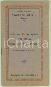 Libro, pubblicazione d epoca 1932 BRESCIA Convitto CESARE ARICI  Premiazione alunni scuole medie 1