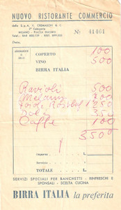 Materiale pubblicitario d’epoca 1965 ca MILANO Nuovo Ristorante Commercio Pubblicità  BIRRA ITALIA Ricevuta 1