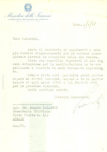 Autografo originale 1951 ROMA Giorgio SACERDOTE lieto di partecipare ai convegni DC AUTOGRAFO 1