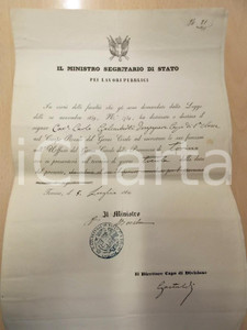 Documento originale, autentico 1860 TORINO Decreto destinazione servizio per ing. Carlo GALIMBERTI 1