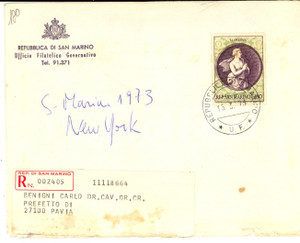 Materiale pubblicitario d’epoca 1973 STORIA POSTALE SAN MARINO Busta raccomandata L. 180 La Speranza 1