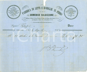 Documento originale, autentico 1868 MILANO Domenico BALDIZZONE letti e mobilie in ferro Fattura DANNEGGIATA 1