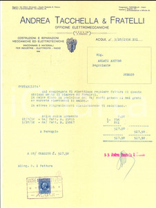 Documento originale, autentico 1938 ACQUI TERME AL Andrea TACCHELLA & Fratelli Fattura su carta intestata 1