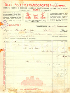 Documento originale, autentico 1910 MILANO Giulio ROLLER macchine enologiche *Fattura ILLUSTRATA con torchi 1