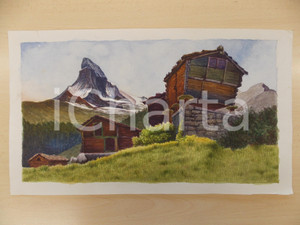 Stampa, bozzetto originale 1950 ca ARTE Paesaggio di montagna con baite Acquerello 43x20 cm 1