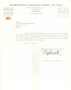 Autografo originale 1952 MILANO Compagnia Italiana Forme Acciaio Carlo AUSENDA licenzia dipendente 1