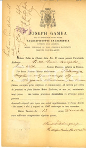 Documento originale, autentico 1924 TORINO Matrimonio PIACENZA - MORGANDO Mons. Giuseppe GAMBA 1